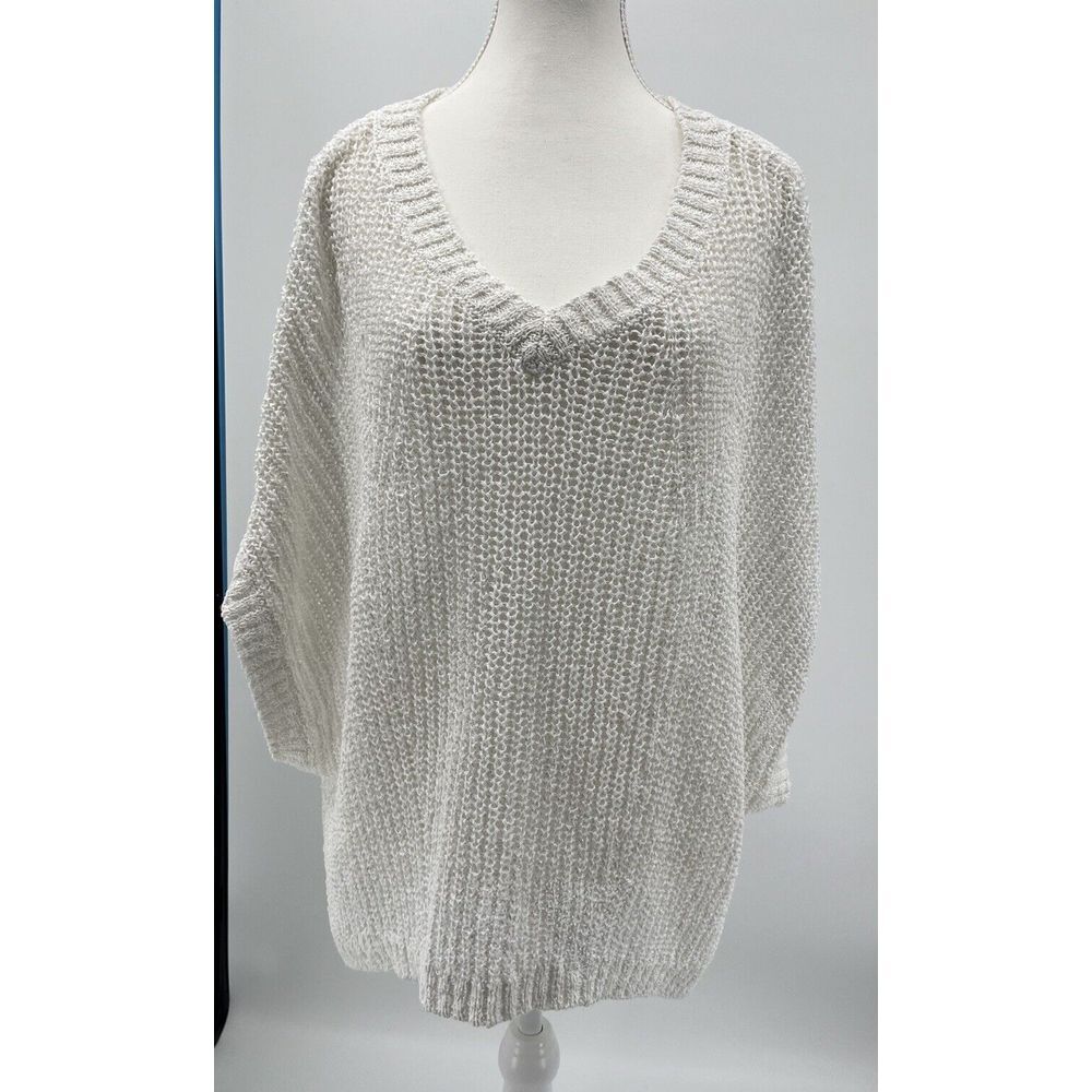 Tommy Bahama Open Knit White Sweater XL Marlina Tape Yarn V-neck‎ Relaxed SS